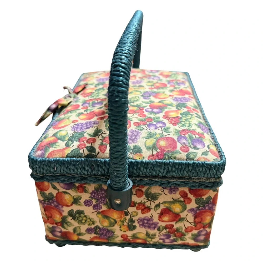 Vintage Fruit Print Sewing Basket Teal Wicker Trim Floral Craft Storage Box